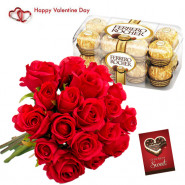 Golden Rose Bunch - Bunch Of 25 Red Roses , Ferrero Rocher 16 Pcs & Valentine Greeting Card