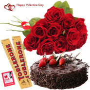 Red Cake Toblerone - Bunch Of 12 Red Roses, 1/2 Kg Chocolate Cake, 2 Toblerone 100 Gms Each & Valentine Greeting Card