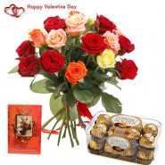Multi Rose Delight - 15 Multi Color Roses, Ferrero Rocher 16 Pcs & Valentine Greeting Card