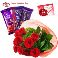 Red Rose Chocos - Bunch Of 12 Red Roses, Cadbury Silk, Fruit N Nut, Dairy Milk & Card