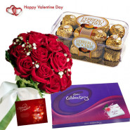 Red Choco Duo - Bunch Of 12 Red Rose, Ferrero Rocher 16 Pcs, Cadbury's Celebration 118 Gms & Valentine Greeting Card