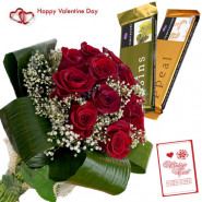 Red Temptation Bars - Bunch Of 10 Red Roses, 2 Bars Of Cadbury Temptation Chocolates & Valentine Greeting Card