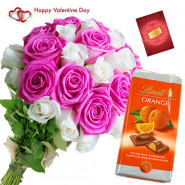 Lindt Classic Combo - 12 Pink & White Roses Bunch, Lindt Classic Chocolate & Valentine Greeting Card