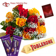 Red N Yellow Choco - 12 Red & Yellow Roses Bunch, Toblerone 100 Gms, 2 Dairy Milk Chocolates & Valentine Greeting Card