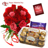 Red N Pink Ferrero - 12 Red & Pink Roses Bunch, Ferrero Rocher 16 Pcs, Cadbury Fruit N Nut 34 Gms & Valentine Greeting Card