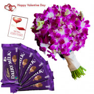 Purple Duo - 6 Purple Orchids Bunch, 5 Dairy Milk 14 Gms Each & Valentine Greeting Card