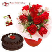 Valentine Vase - Vase Of 10 Red Roses, 1 Kg Chocolate Cake & Valentine Greeting Card
