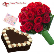Red Heart - Bunch Of 15 Red Roses, 1 Kg Chocolate Cake Heart Shape & Valentine Greeting Card