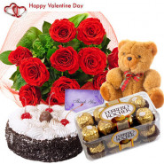 Bunch Of Love - Bunch Of 12 Red Roses, 1/2 Kg Chocolate Cake, Ferrero Rocher 16 pcs, Teddy Bear 6 Inch & Valentine Greeting Card
