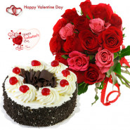 Red N Pink Combo - Bunch Of 12 Red & Pink Roses, 1/2 Kg Black Forest Cake & Valentine Greeting Card