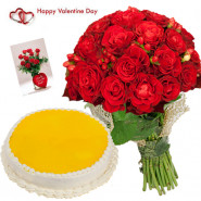 Red Pina Treat - Bunch Of 24 Red Roses, 1/2 Kg Pineapple Cake & Valentine Greeting Card