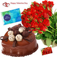 Hundred Heart Celebration - Bunch Of 30 Red Roses, 1 Kg Chocolate Cake Heart Shape, Cadbury Celebration Box 118 Gms & Valentine Greeting Card