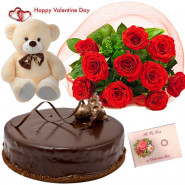 Rose Choco Teddy - Bunch Of 10 Red Roses, 1/2 Kg Chocolate Cake, Teddy Bear 6 Inch & Valentine Greeting Card