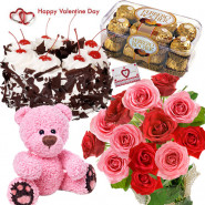 Red N Pink Crunch - Bunch Of 12 Red & Pink Roses, Ferrero Rocher 16 pcs,  1/2 Kg Black Forest Cake, Teddy Bear 6 Inch & Valentine Greeting Card