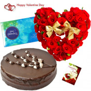 Heart Choco Celebration - Heart Shaped Of 50 Red Roses, 1/2 Kg Chocolate Cake, Cadbury Celebration Box 118 Gms & Valentine Greeting Card