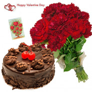 Truffle Delight - Bunch Of 12 Red Carnations, 1/2 Kg Chocolate Truffle Cake & Valentine Greeting Card