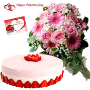 Pink Cake Combo - Bunch Of 10 Pink Flowers, 1/2 Kg Strawberry Cake & Valentine Greeting Card