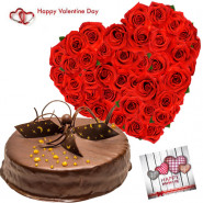 Big Heart N Cake - Heart Shaped Of 50 Red Roses, 1/2 Kg Chocolate Cake & Valentine Greeting Card