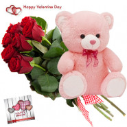 Gaint Teddy Bunch - 10 Red Roses Bunch, 24 Inches Cute Teddy Bear & Valentine Greeting Card