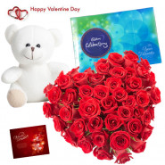 Heart Shape Celebration - Heart Shape Arrangement Of 30 Cut Red Roses, Cadbury Celebration 118 Gms, Teddy Bear (8 Inches) & Valentine Greeting Card