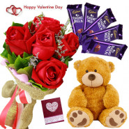 Rose Teddy Choco - Bunch Of 10 Red Roses, Teddy Bear (6 Inches), 5 Dairy Milk 14 Gms & Valentine Greeting Card