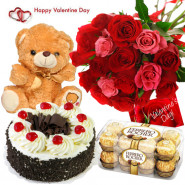 Big Red N Pink Combo - 12 Red & Pink Roses Bunch, 1/2 Kg Black Forest Cake, 16 Pcs Ferrero Rocher Chocolates, Teddy Bear (6 Inches) & Valentine Greeting Card