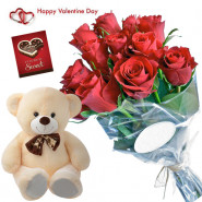 Red Rose Bear - Bunch Of 12 Red Roses, Teddy Bear (6 Inches) & Valentine Greeting Card