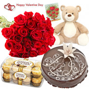 Bag Full Hamper - Bunch Of 30 Red Roses, Teddy Bear (6 Inches), 16 Pcs Ferrero Rocher , 1/2 Kg Chocolate Cake & Valentine Greeting Card