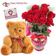 Red Vase Teddy - 12 Red Roses In Vase, Teddy Bear (6 Inches) & Valentine Greeting Card