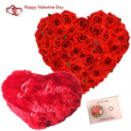 Red Heart Pillow - 35 Red Roses Heart Shape Arrangement, Heart Pillow & Valentine Greeting Card