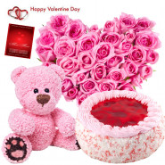 Heart Teddy Cake - 50 Pink Roses Arrange In Heart Shape, Teddy Bear (6 Inches), 1/2 Kg Strawberry Cake & Valentine Greeting Card