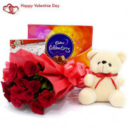 Teddy Rose Celebration - Bunch Of 10 Red Roses, Cadbury Celebrations 118 Gms, Teddy Bear (6 Inches) & Valentine Greeting Card