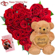 Rose Heart N Teddy - 30 Red Roses Heart Shape Arrangement, Teddy Bear 6 inch & Valentine Greeting Card