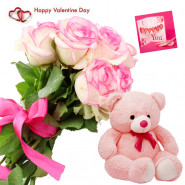 Pink Rose N Teddy - Bunch Of 10 Pink Roses, Teddy Bear (6 Inches) & Valentine Greeting Card