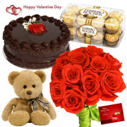 Red Chocolaty Bear - 12 Red Roses Bunch , 16 Pcs Ferrero Rocher , Teddy Bear (6 Inches), 1/2 Kg Chocolate Cake & Valentine Greeting Card