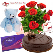 Red Choco Celebration - Bunch Of 12 Red Roses, Teddy Bear (10 Inches), 1/2 Kg Chocolate Cake, Cadbury Celebration 118 Gm & Valentine Greeting Card