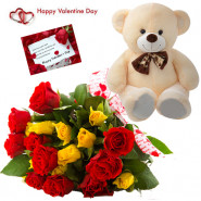 Yellow & Yellow Bunch - Bunch Of 15 Yellow & Red Seasonal Flowers, Teddy Bear (6 Inches) & Valentine Greeting Card