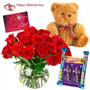 Mix Vase Assortment - 12 Mix Roses In Vase, Teddy Bear (6 Inches) , 5 Assorted Bars & Valentine Greeting Card