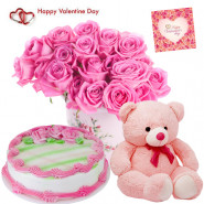 Pink Love Vase - 10 Pink Roses In Vase, 1/2 Kg Strawberry Cake, Teddy Bear (6 Inches)  & Valentine Greeting Card