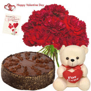 Carnation Choco Heart - Bunch Of 12 Red Carnation, Teddy With Heart 6 Inch, 1/2 Kg Chocolate Cake & Valentine Greeting Card