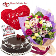 Mix Choco Pillow - 25 Mix Flowers Bunch, 1/2 Kg Chocolate Cake, Heart Shape Pillow & Valentine Greeting Card