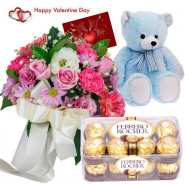 Mix Teddy Rocher - Bouquet Of 15 Mix Flowers, Teddy Bear (12 Inches), 16 Pcs Ferrero Rocher  & Valentine Greeting Card