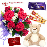 Rosy Chocolaty - Bunch Of 10 Red Roses, Teddy Bear (12 Inches), 2 Cadbury Dairy Milk Chocolate 14 Gms, 2 Five Star Chocolate & Valentine Greeting Card