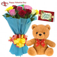 Mix Rose N Teddy - 10 Mix Roses, Teddy Bear (6 Inches) & Valentine Greeting Card