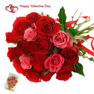 Red N Pink Love - 24 Red & Pink Roses Bunch & Valentine Greeting Card