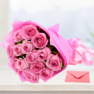 Pinky Valentine - 12 Pink Roses  Bunch & Valentine Greeting Card