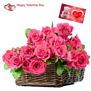 Roses In Basket - 24 Pink Roses Basket & Valentine Greeting Card