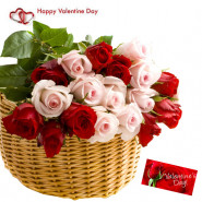 Basket Full Of Love - 20 Red & Pink Roses Basket & Valentine Greeting Card