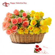Pink N Yellow Basket - 24 Pink & Yellow Roses Basket & Valentine Greeting Card