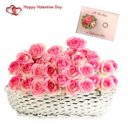 Pink Basket - 50 Pink Roses In Basket & Valentine Greeting Card